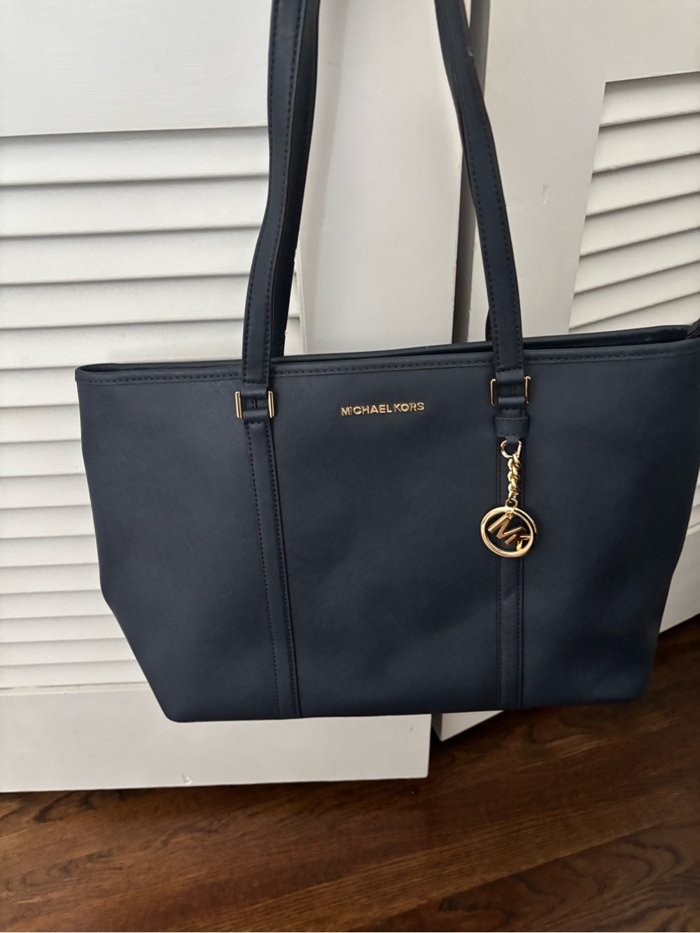 Michael Kors Dark Navy Saffiano Leather Tote with Gold Charm